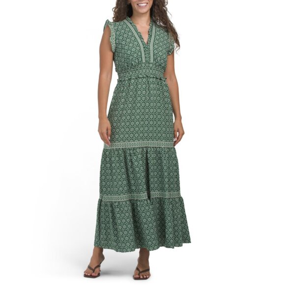 MAX STUDIO Green/Cream V-neck Smocked Waist Tiered Maxi Dress - Picture 1 of 2